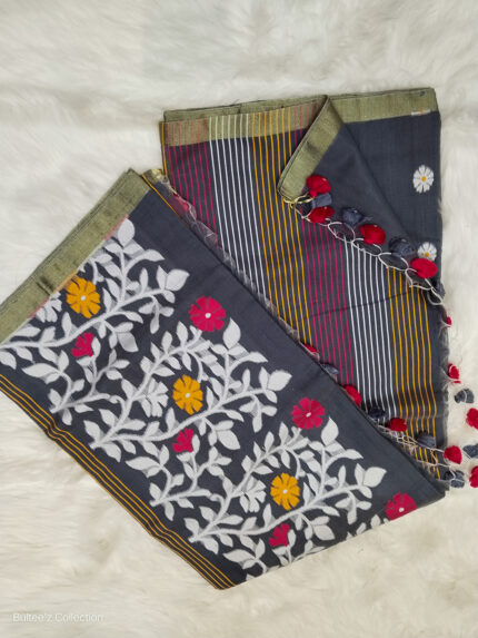 সেমি মসলিন তন্তুজ শাড়ি-এ্যাশ কালার